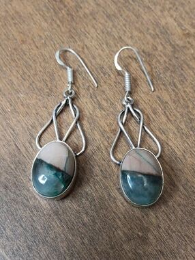 Handmade Two-Tone Green and Cream Stone Drop Earrings